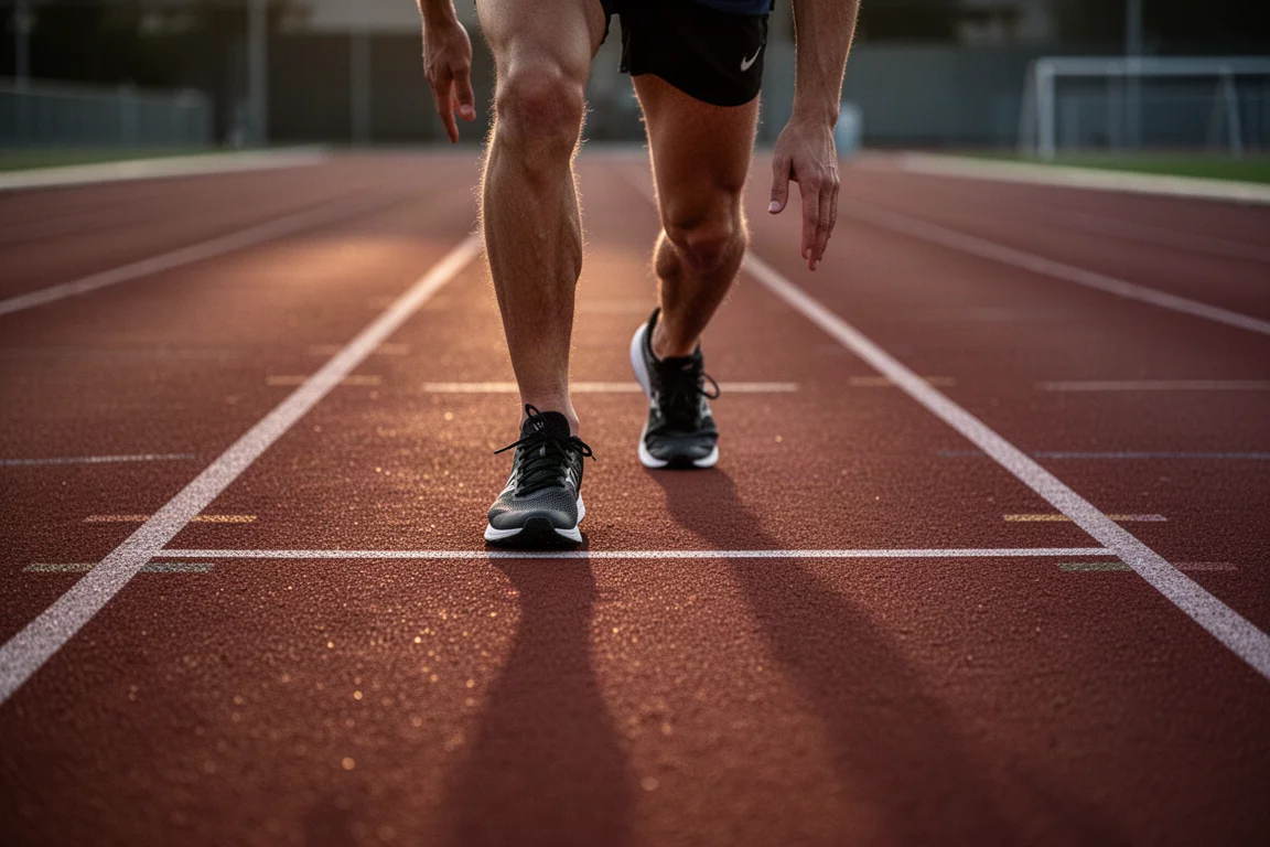 Coureur sur piste se plaçant pour des répétitions d'intervalles sur une piste d'athlétisme