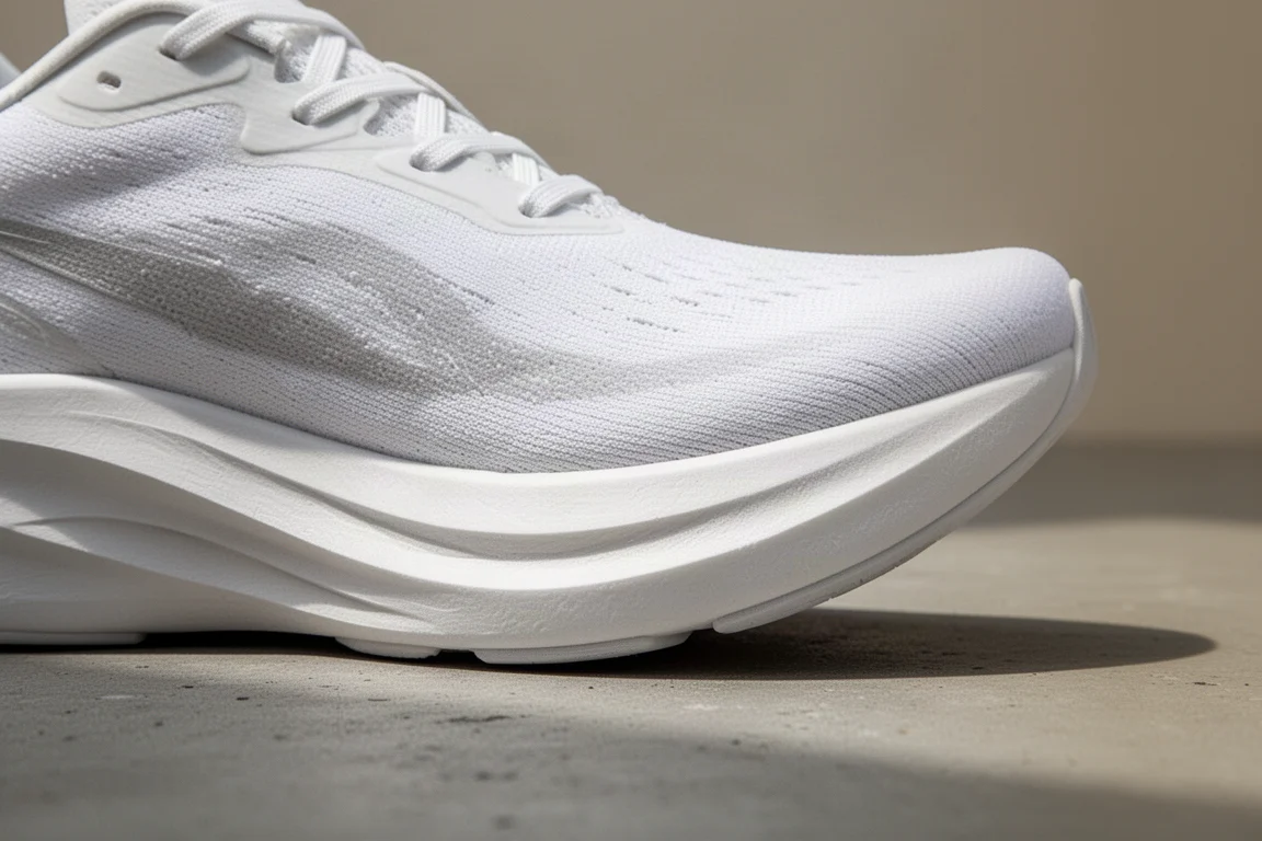 Runner lacing up a lightweight running shoe with a tall white midsole