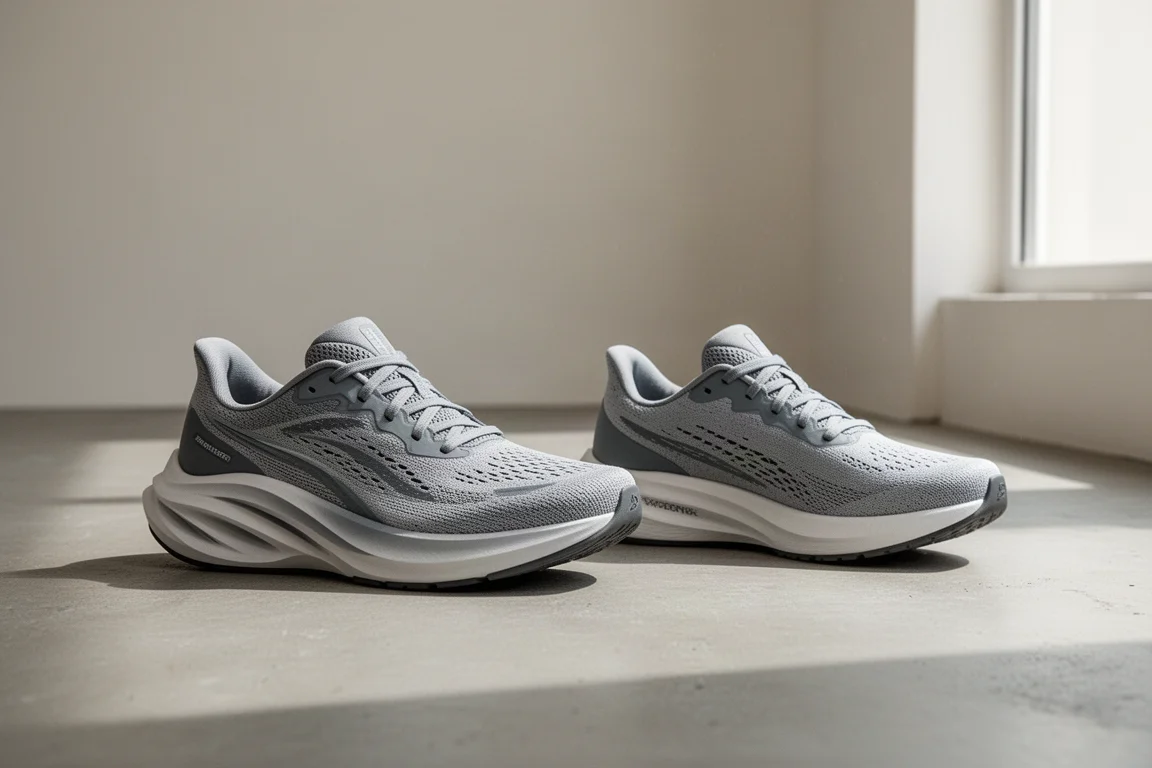Two running shoes side by side on a light grey concrete floor