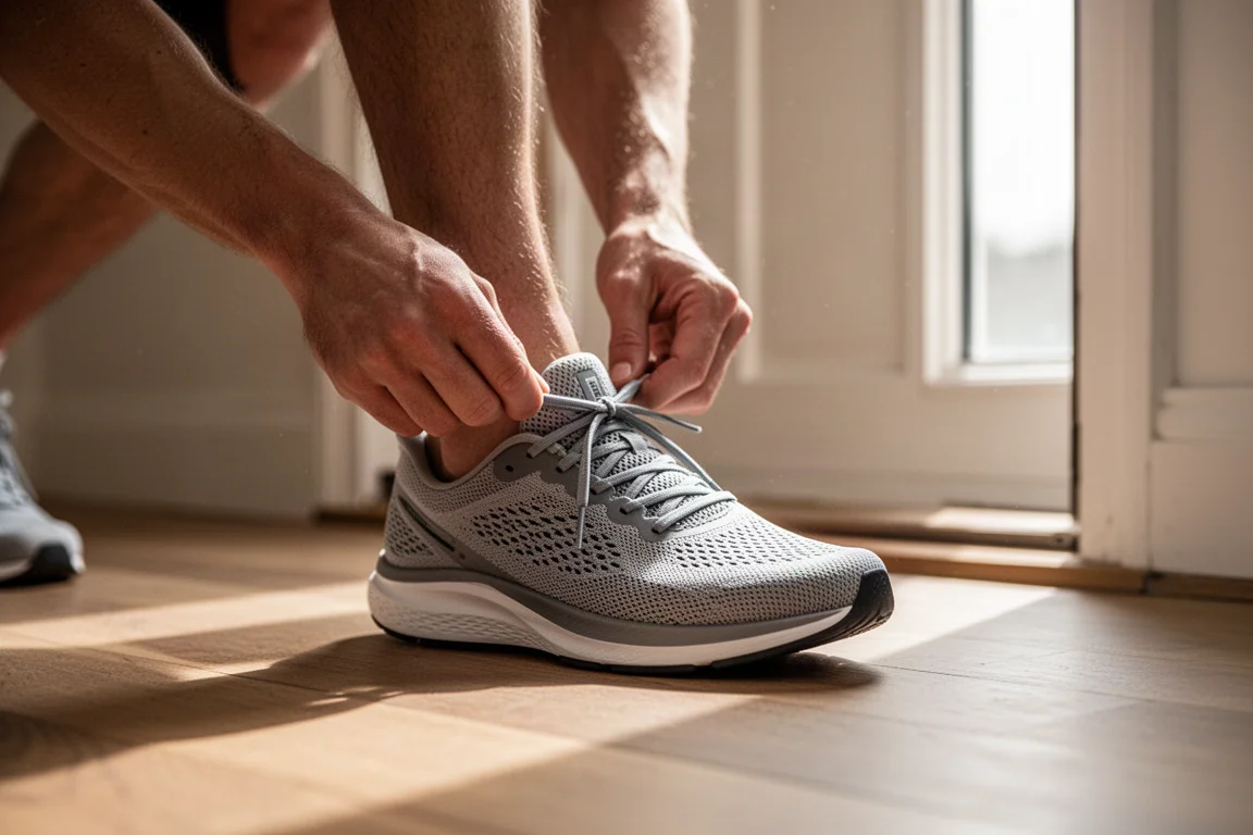 Runner lacing up a lightweight daily training shoe indoors