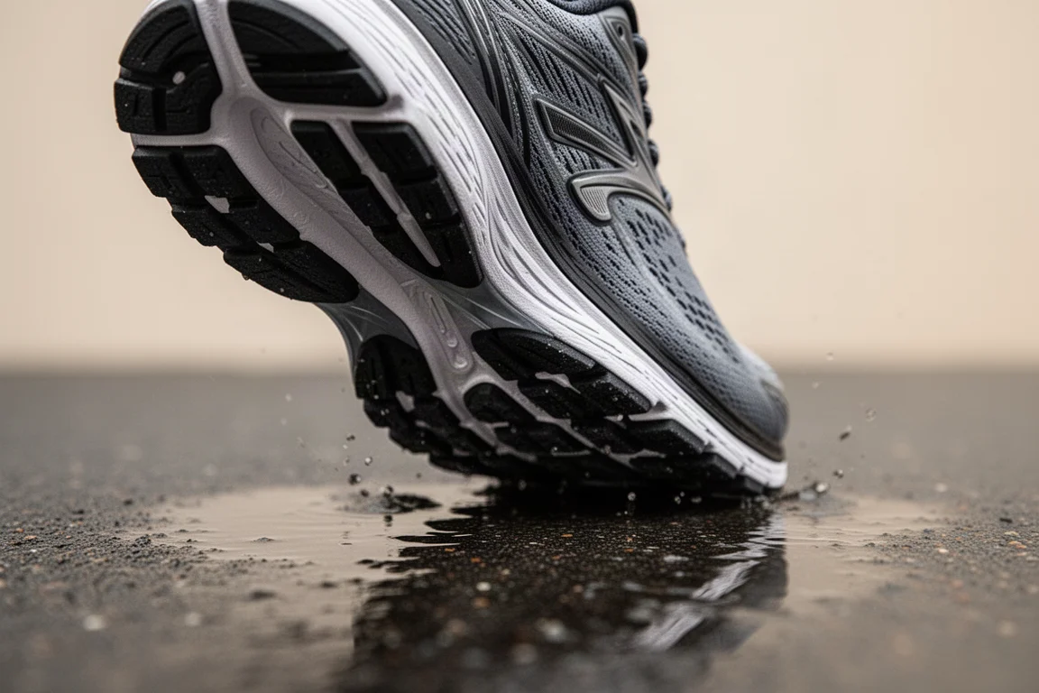 Running shoe outsole tread pattern on wet pavement