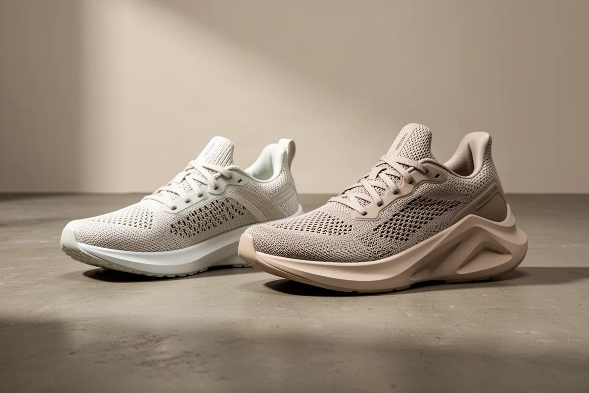 Two running shoes side by side on a concrete studio floor, one low-profile and one high-stack