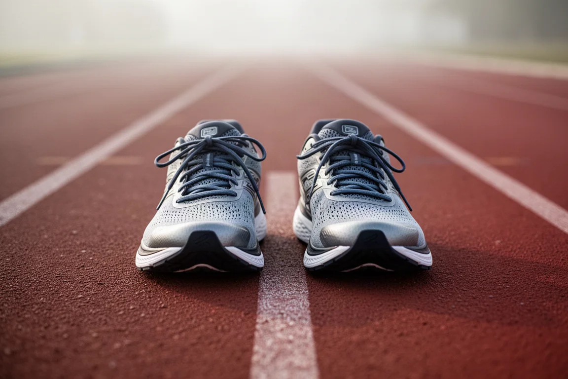 Two running shoes side by side on a track lane