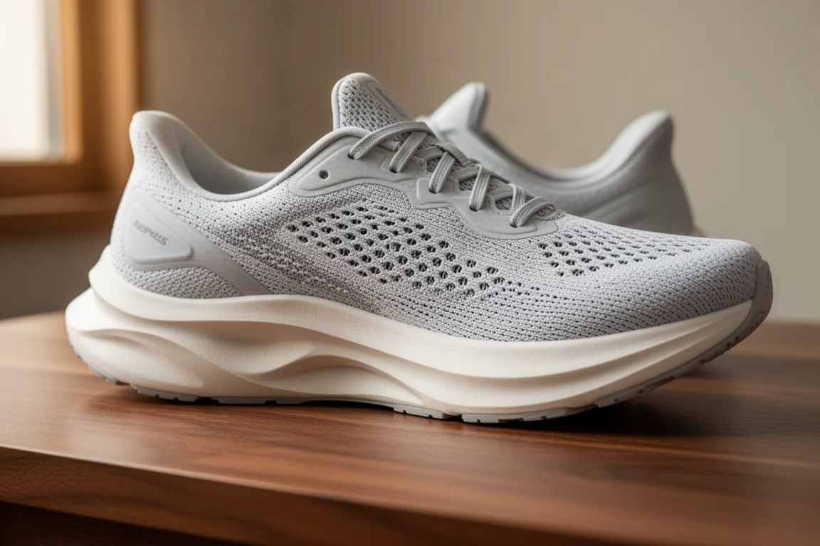 Close-up of a cushioned running shoe midsole and mesh upper