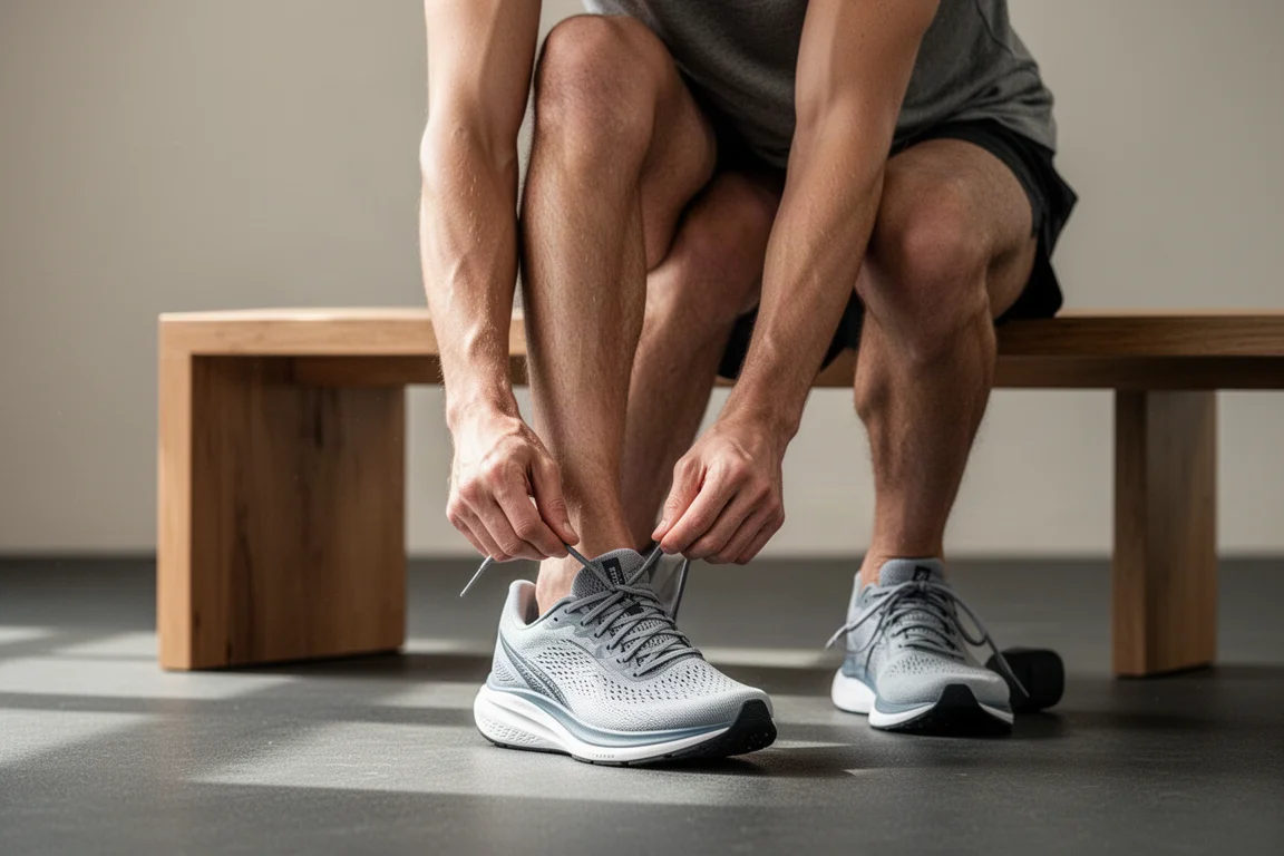 Runner tying laces on a lightweight trainer before an interval session