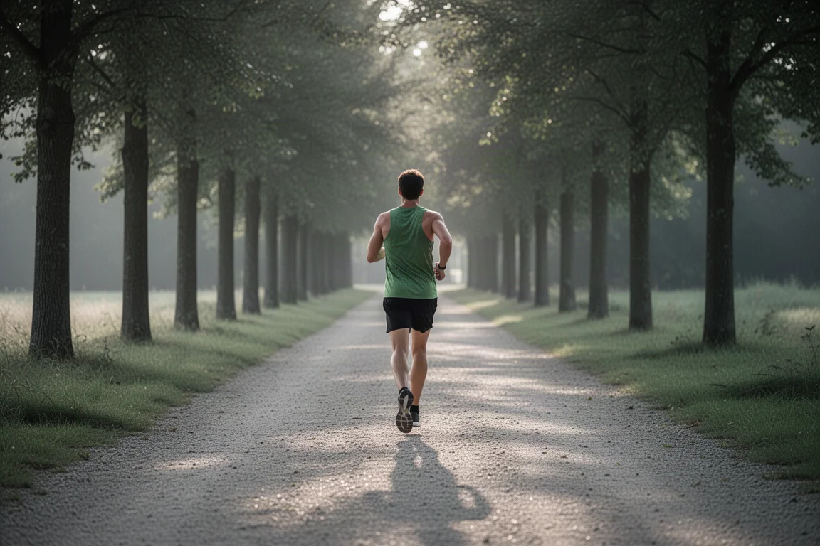 Runner cruising along a tree-lined path at an easy pace
