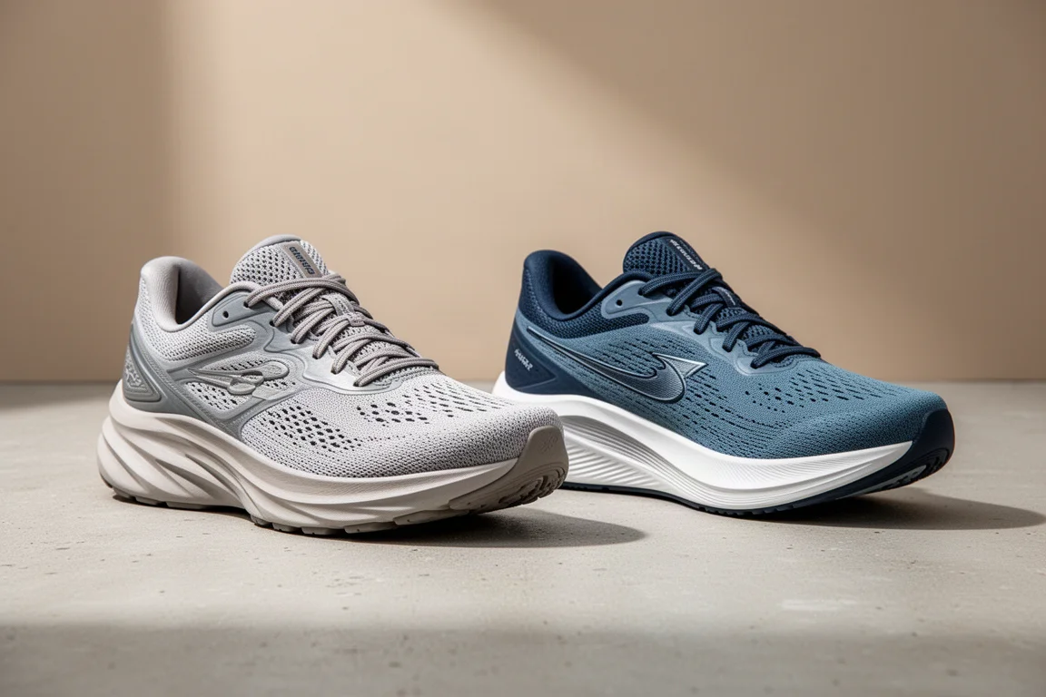 Two running shoes side by side on a light concrete surface