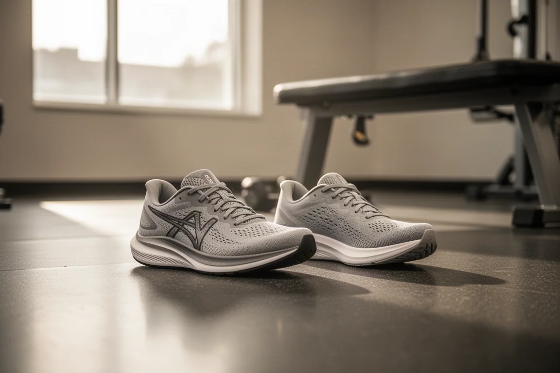 Zwei Laufschuhe nebeneinander auf dem Boden einer Sporthalle nach dem Training