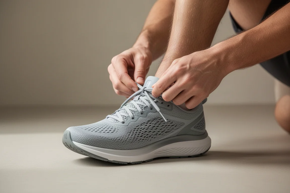 Läufer schnürt zu Hause einen leichten Laufschuh