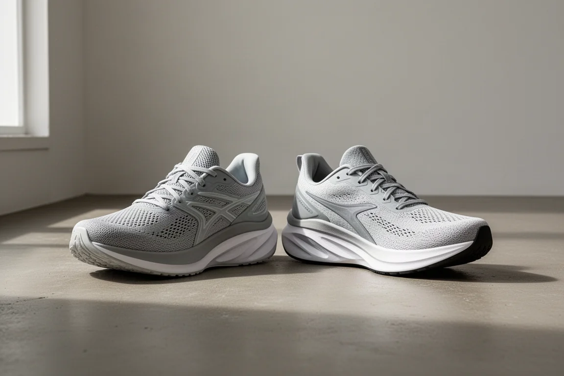 Two Adidas lightweight running shoes side by side on a concrete floor
