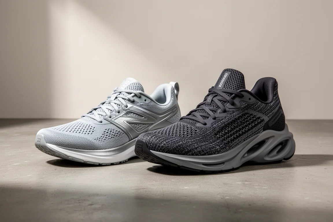 Two lightweight running shoes side by side on a concrete surface