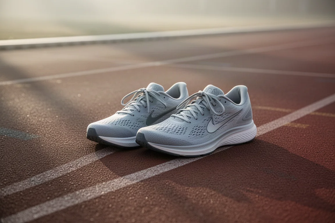 Deux chaussures de running côte à côte sur le bord d'une piste dans une douce lumière matinale