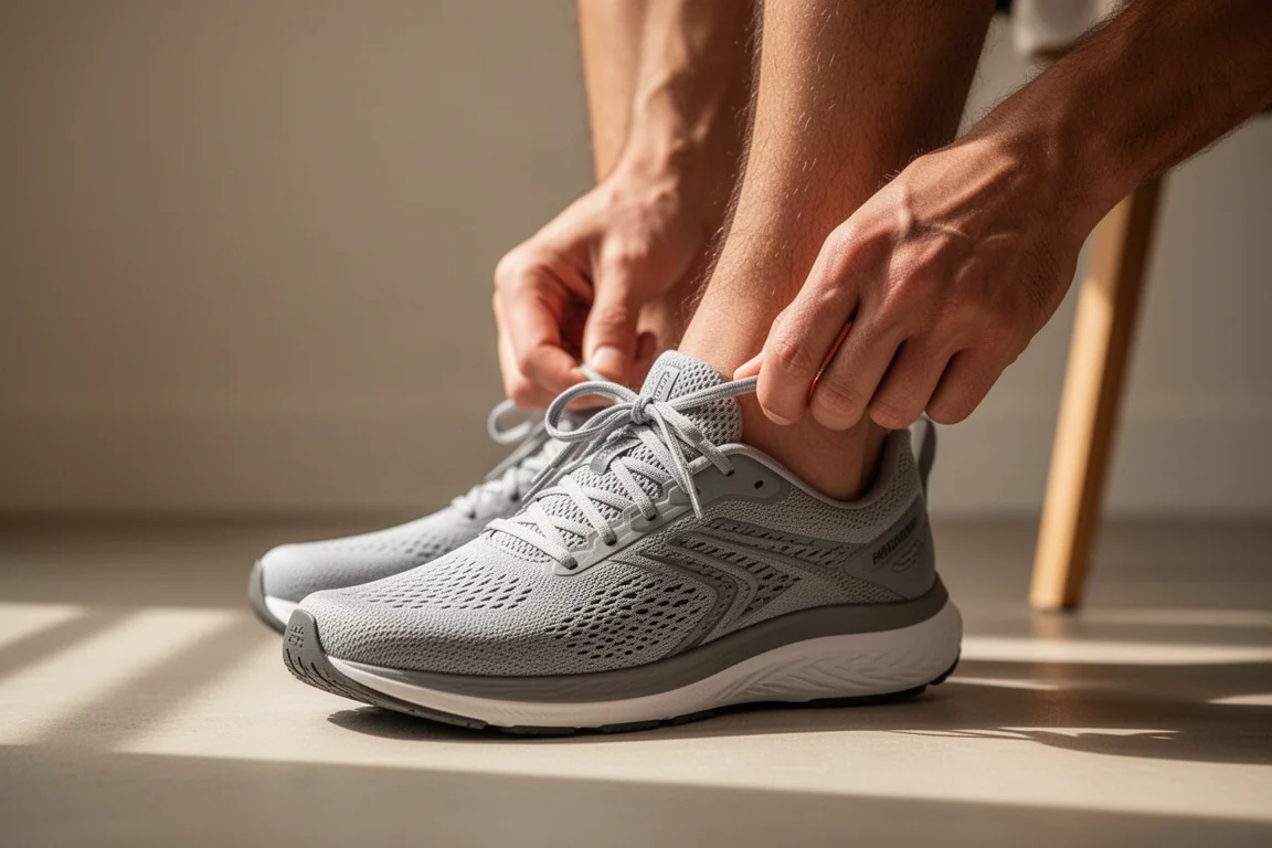 Gros plan sur les pieds d'un coureur en train de lacer une chaussure de running légère