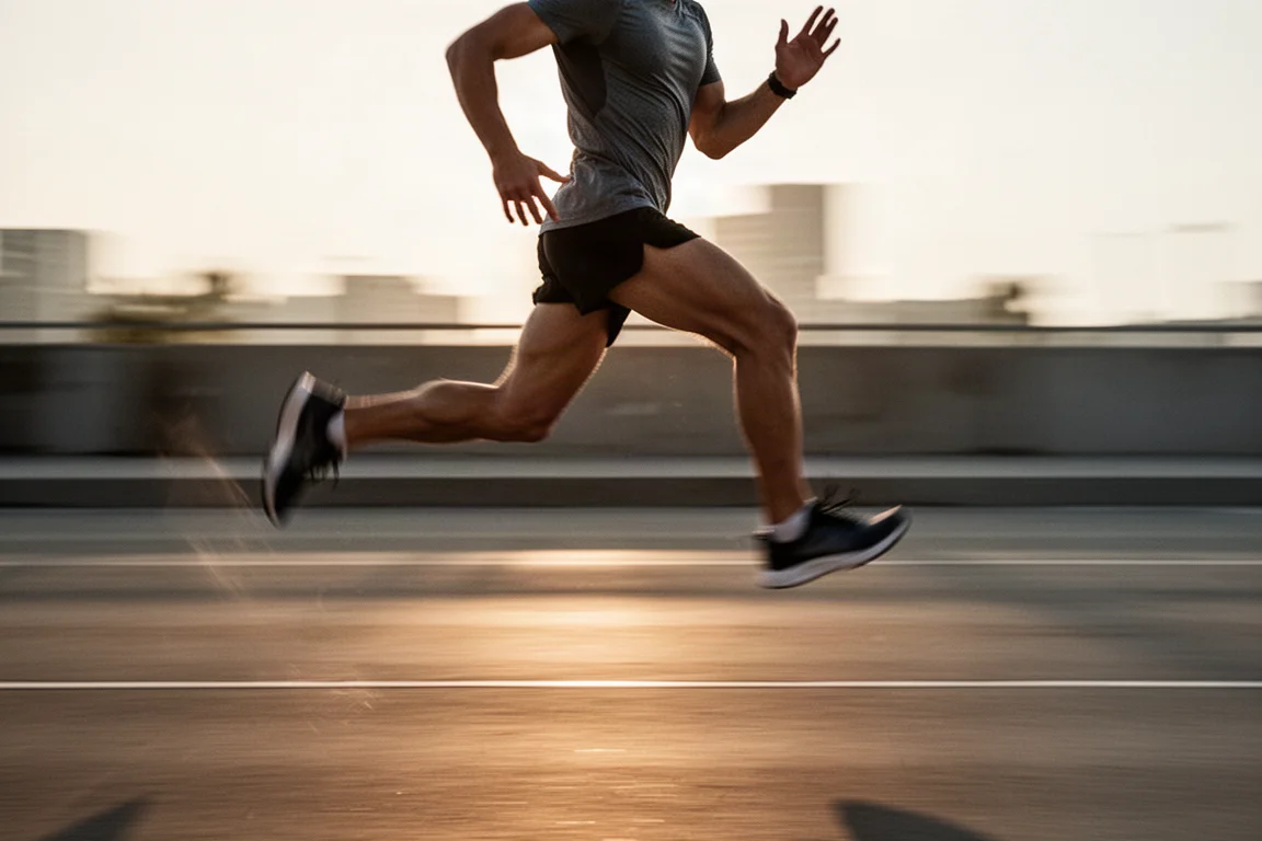 Un coureur accélérant sur une route urbaine à l'aube