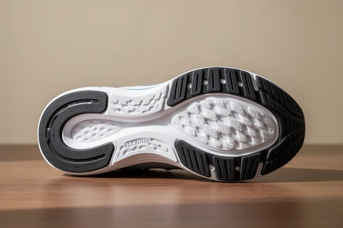 Gros plan sur la semelle extérieure d'une chaussure de running montrant le caoutchouc et l'adhérence