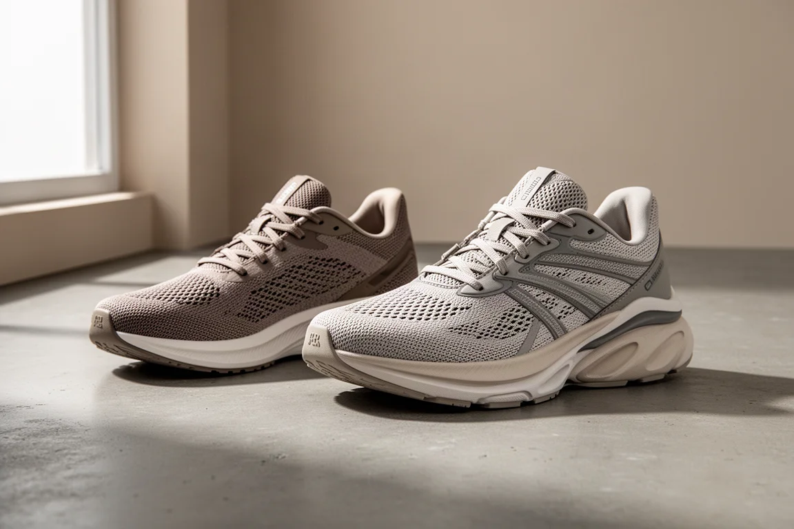 Two lightweight running shoes side by side on a concrete surface