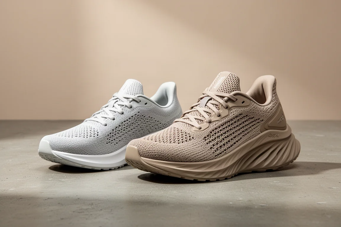 Adidas Adizero Evo SL and Hoka Mach X2 running shoes side by side on concrete