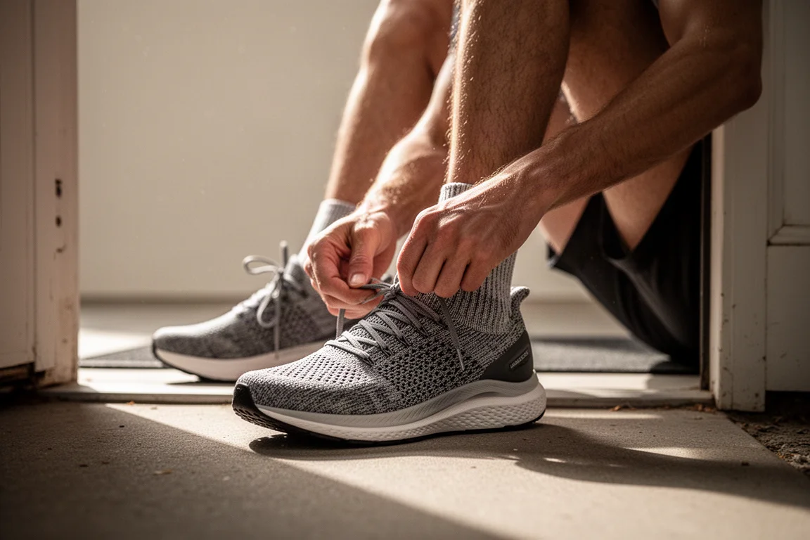 玄関先でニットアッパーのランニングシューズの紐を結ぶランナー