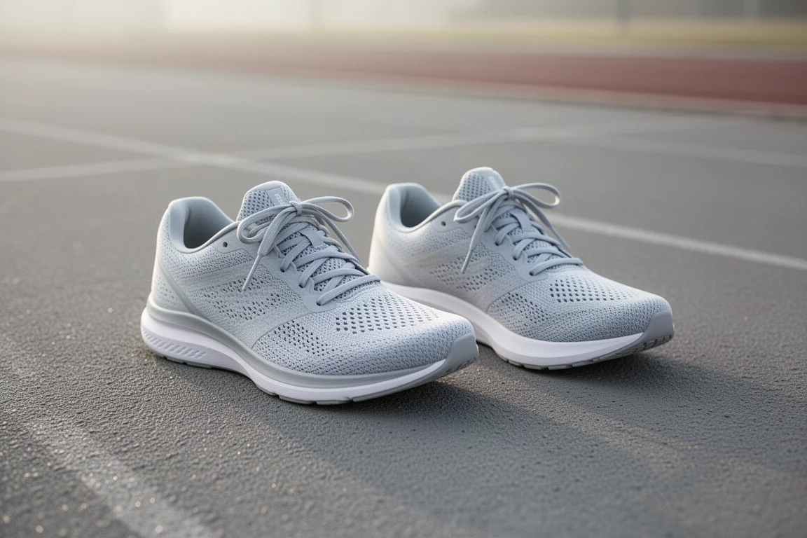 Two lightweight running trainers placed side by side on a running track