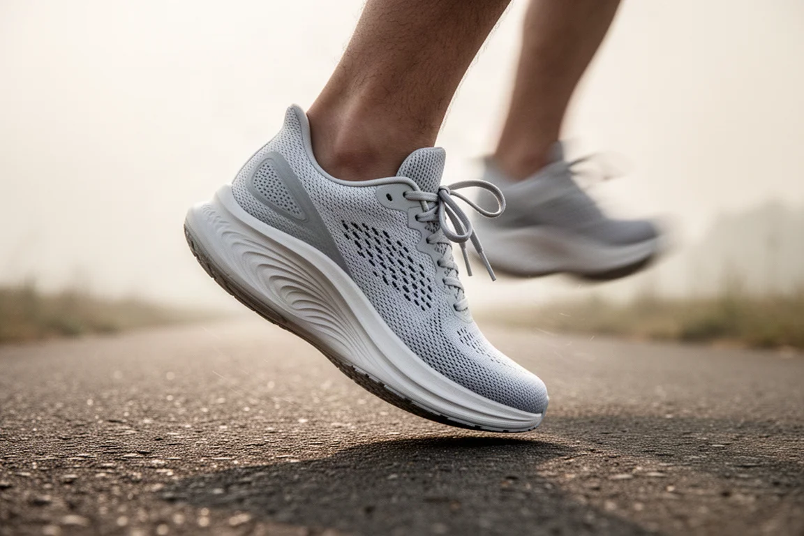 Close-up of a runner's foot in a mesh running shoe mid-stride