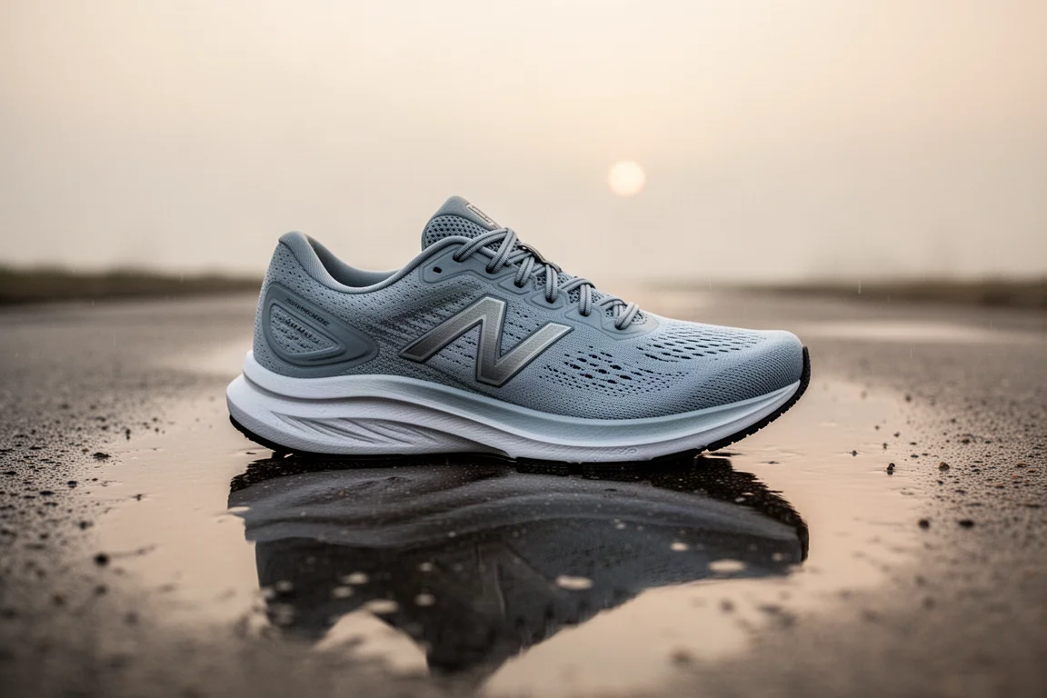 Wide-based running shoe resting on a wet pavement at dawn