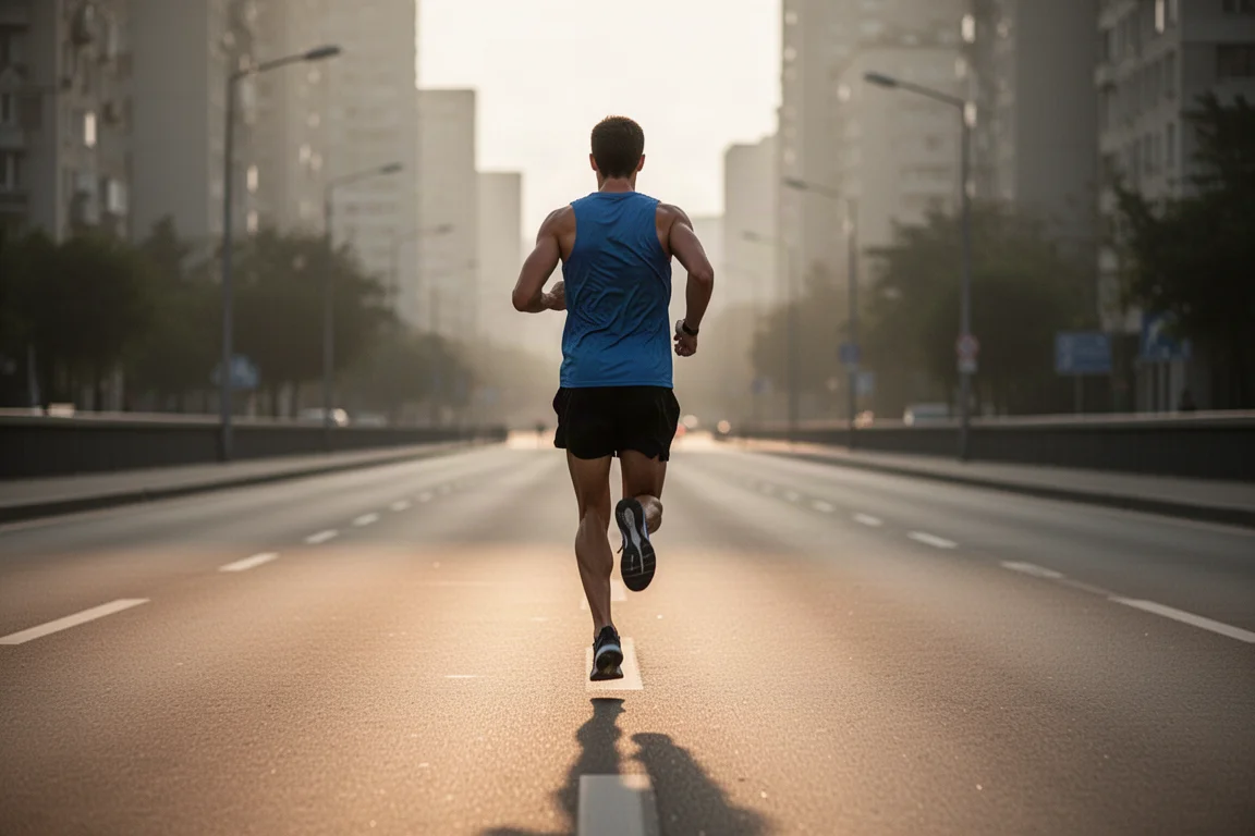 Runner picking up the pace on an empty urban road in soft evening light