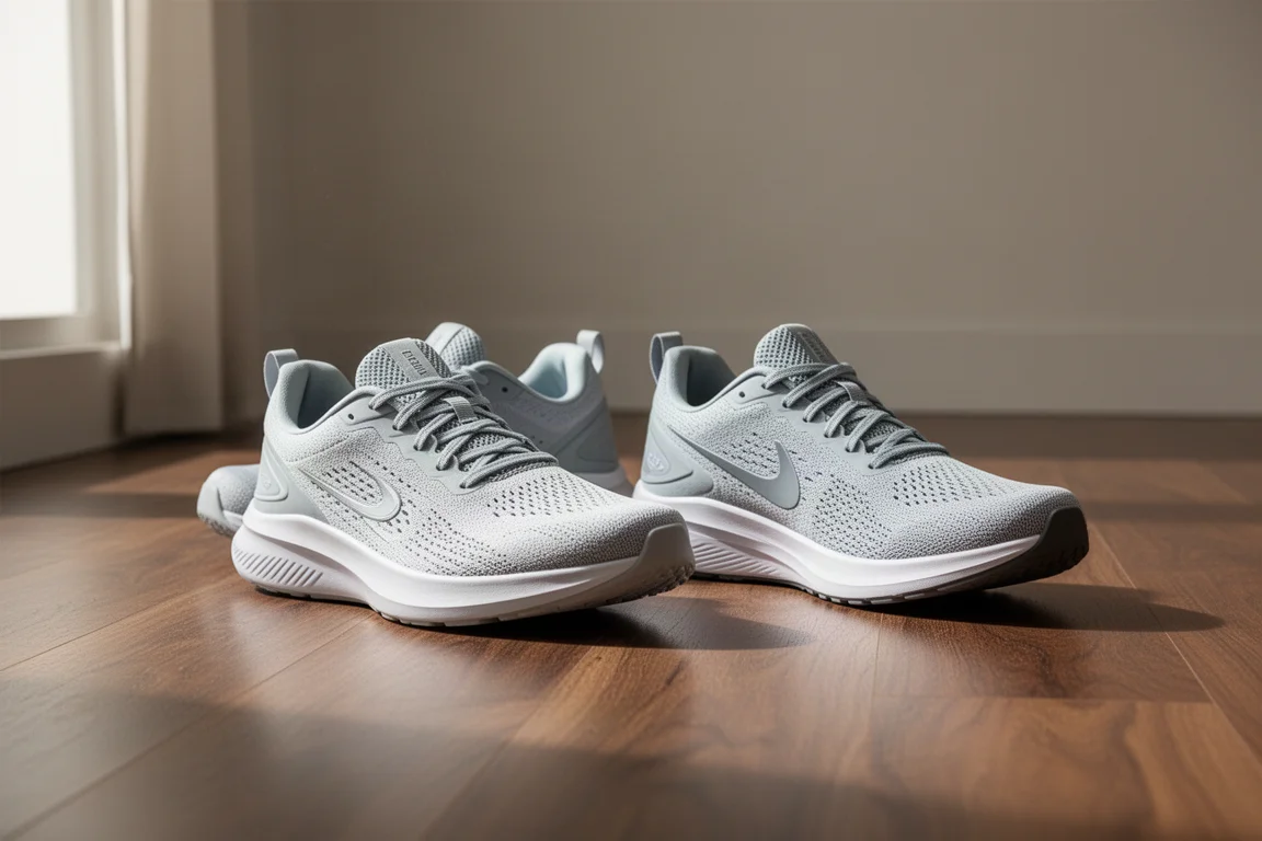 Dwa buty biegowe obok siebie na drewnianej podłodze