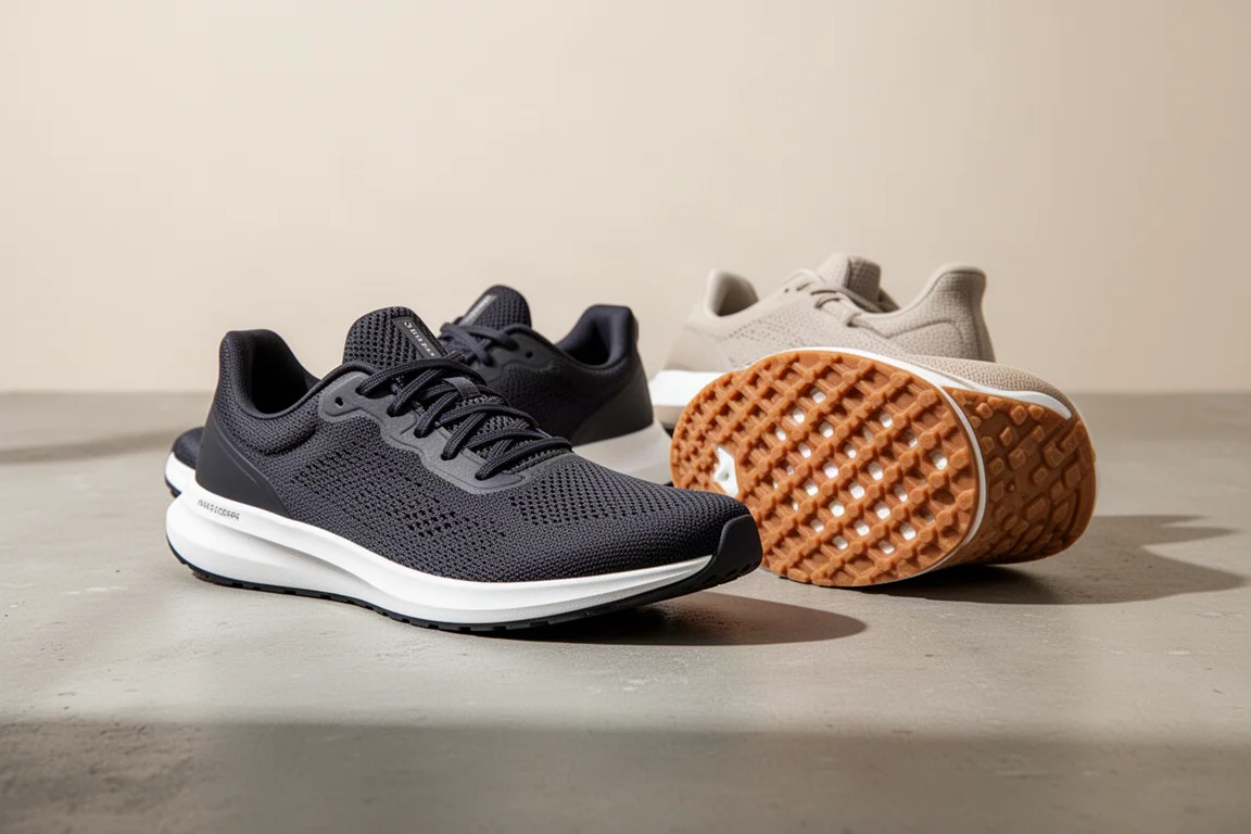 Two lightweight running shoes side by side on a matte concrete surface