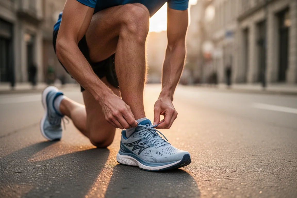 Runner lacing up a lightweight daily trainer on a quiet city street at sunrise