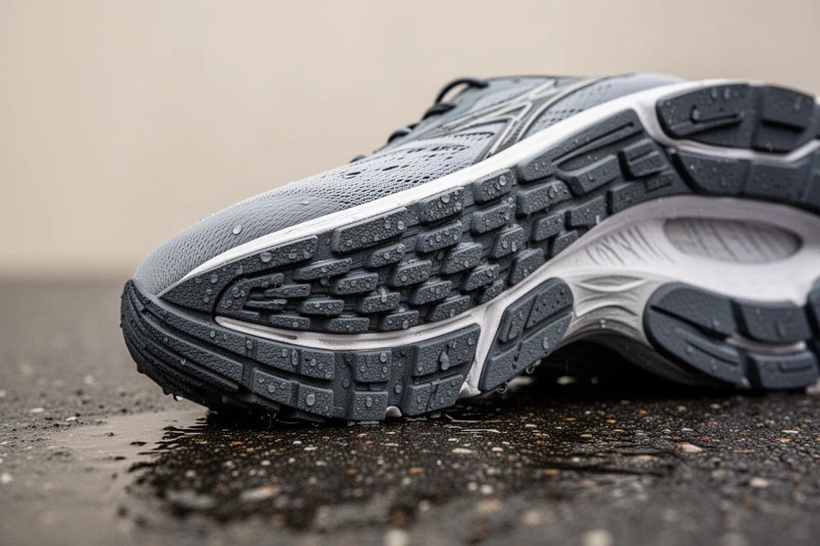 Close-up of a running shoe outsole showing rubber coverage on wet pavement