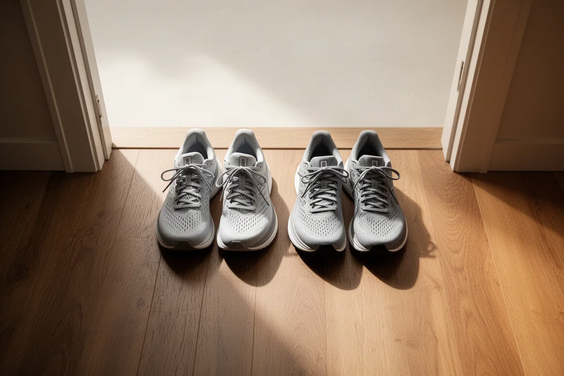 Two pairs of running shoes side by side on a wooden floor in a hallway