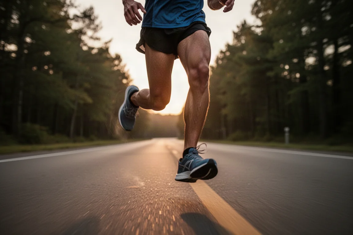 Runner holding a fast tempo pace on an open road at dusk