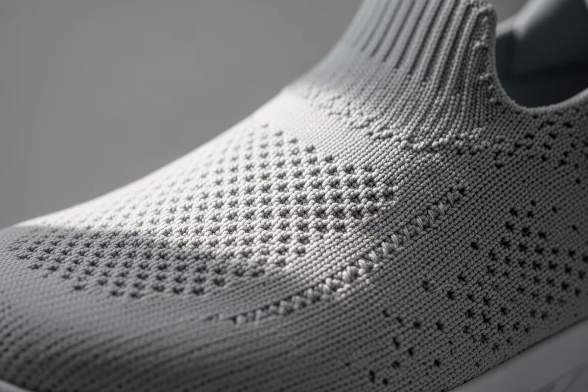 Gros plan sur la matière du tige d'une chaussure de running montrant un tricot rugueux