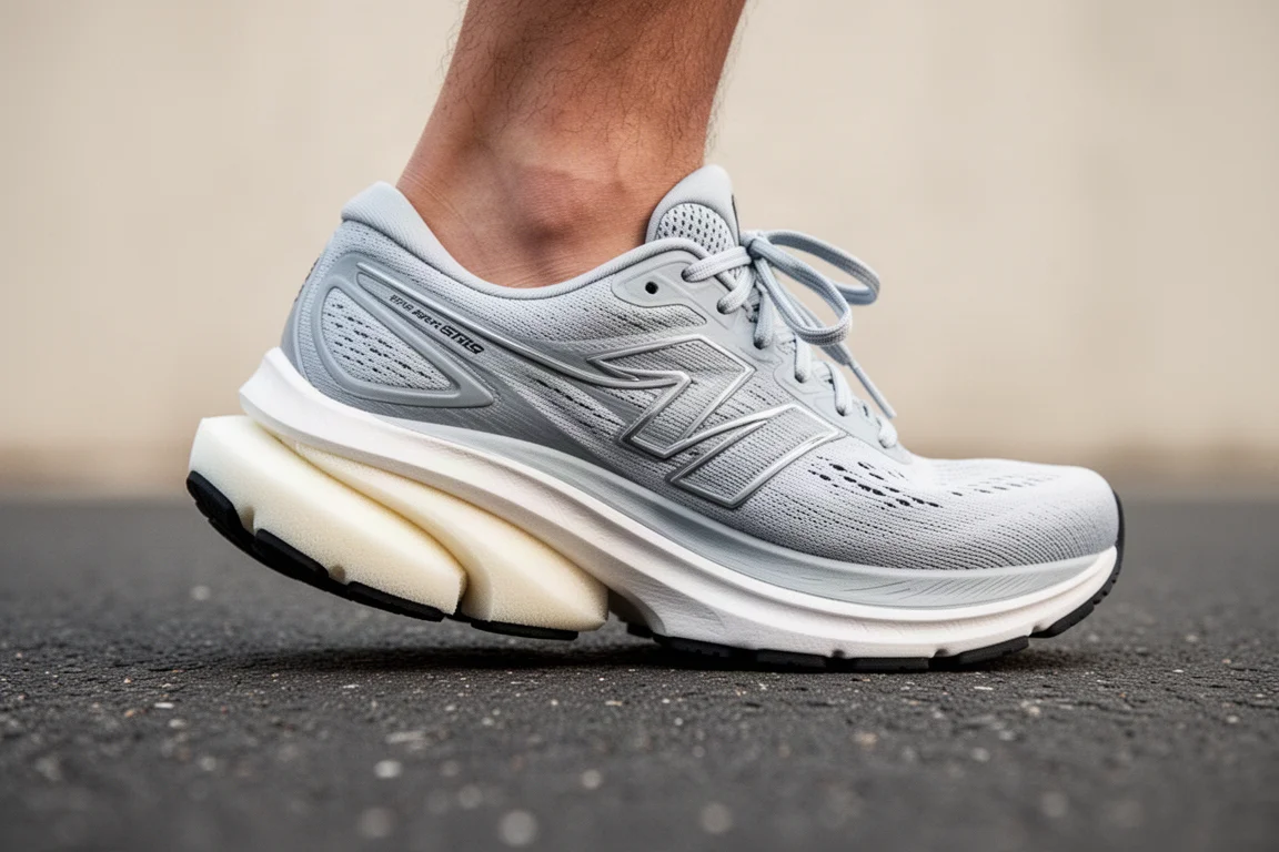 Semelle intermédiaire d'une chaussure à stack élevé se comprimant sur un revêtement lisse