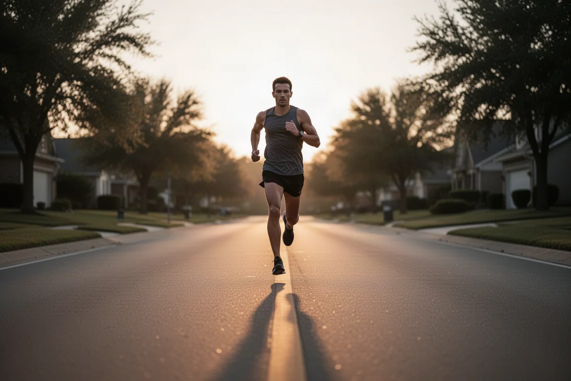 Coureur effectuant des accélérations sur une route ouverte au crépuscule