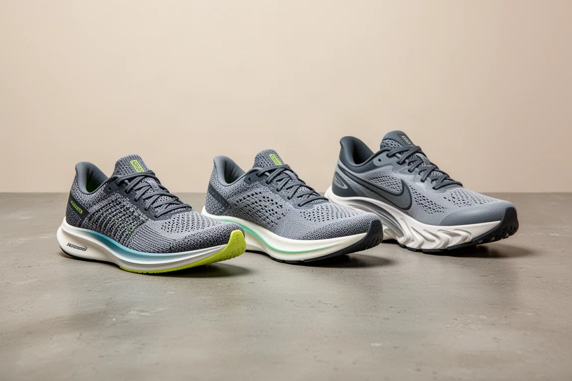 Three running shoes lined up on a concrete surface