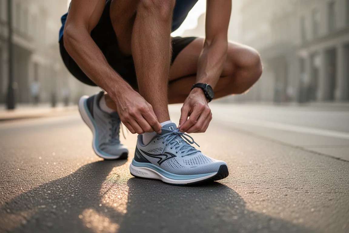 Runner lacing up a lightweight performance running shoe before a tempo run