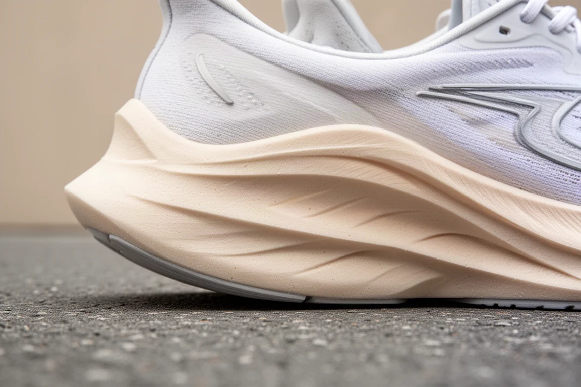 Close-up of a running shoe midsole showing thick foam and rocker geometry