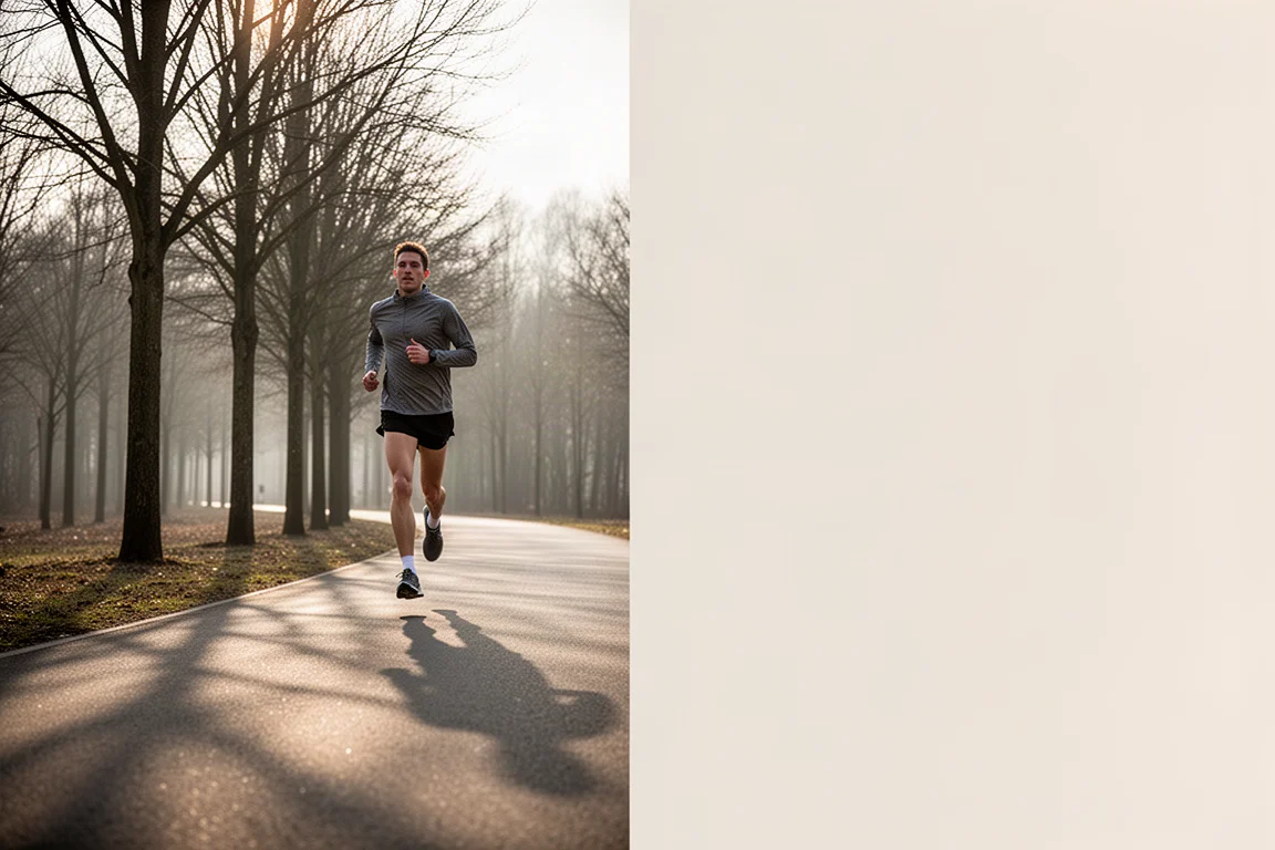 Runner cruising along a paved path at a steady tempo pace