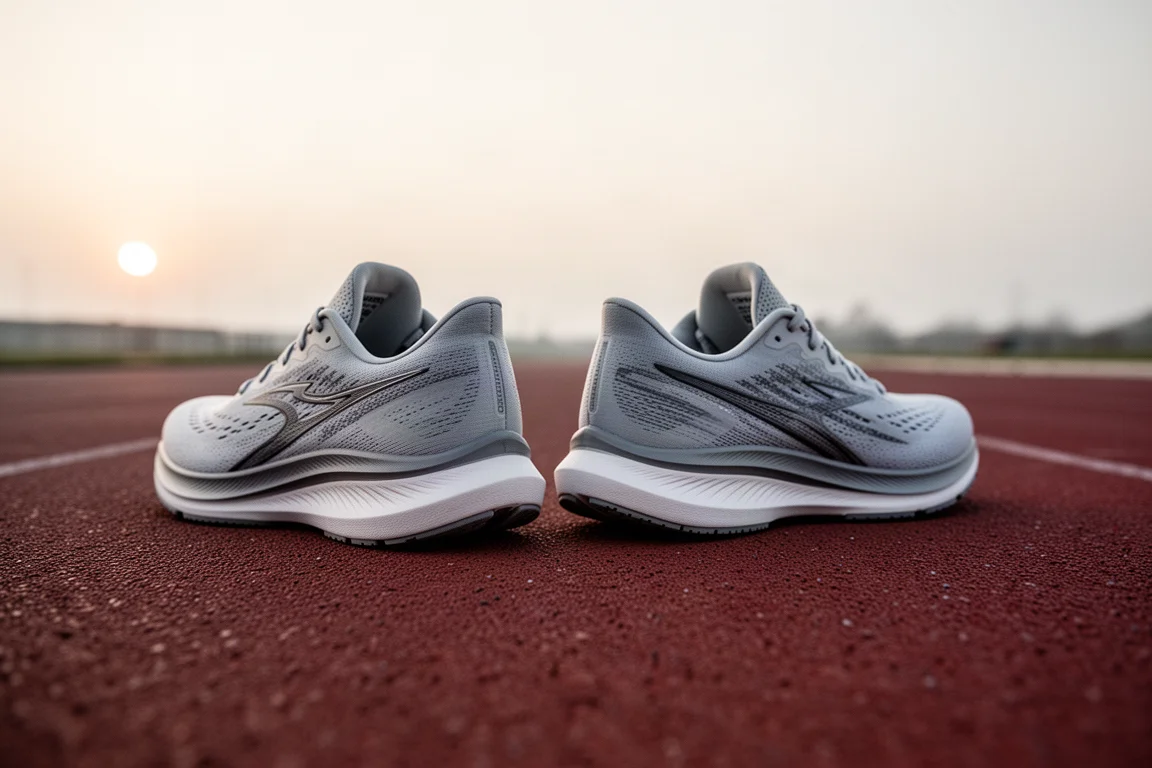 Two running shoes side by side on a track surface in soft morning light