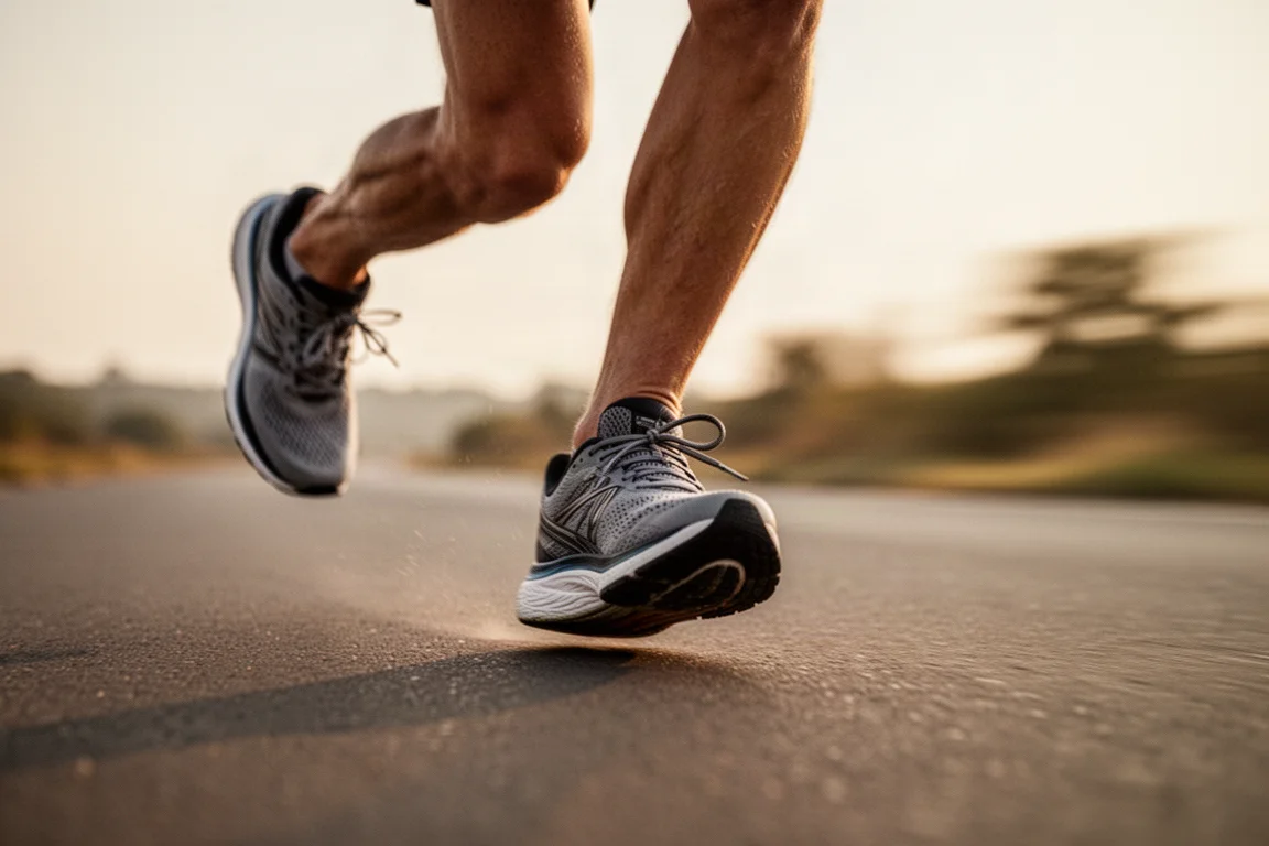 Runner's feet striking tarmac during an uptempo run at golden hour