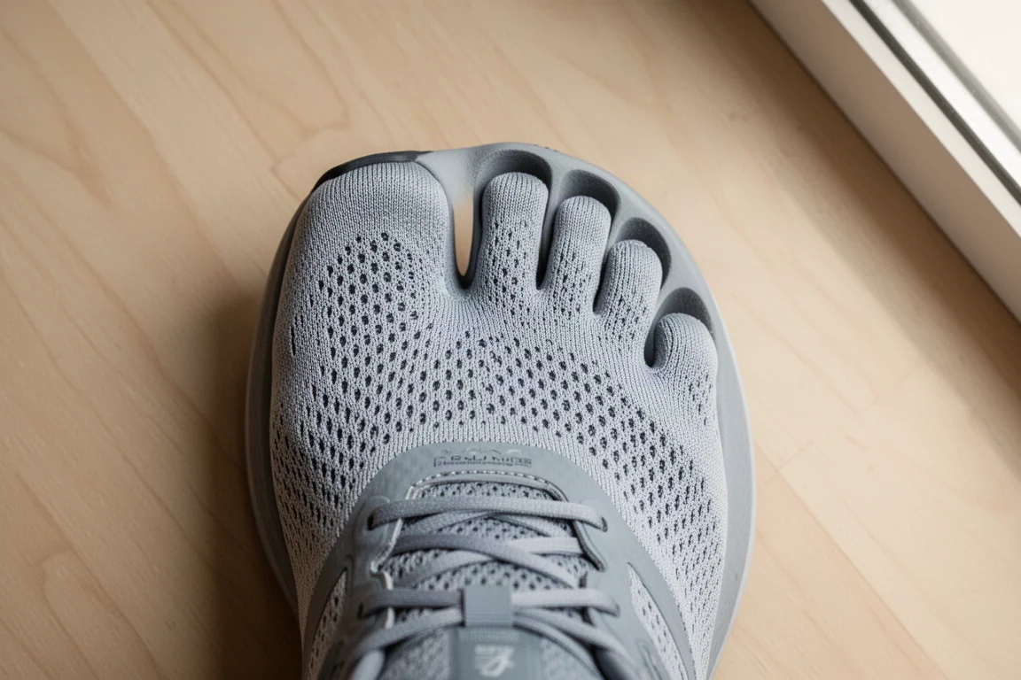 Close-up of a wide anatomic running shoe toe box showing toe room