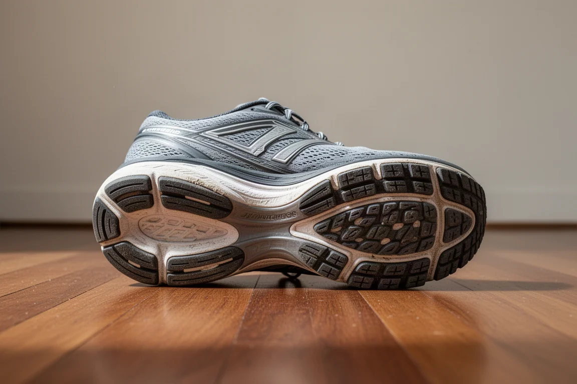 Worn running shoe outsole on a wooden floor showing miles of use