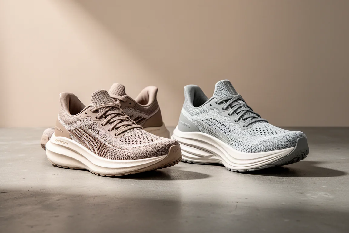 Two lightweight running shoes side by side on a concrete surface