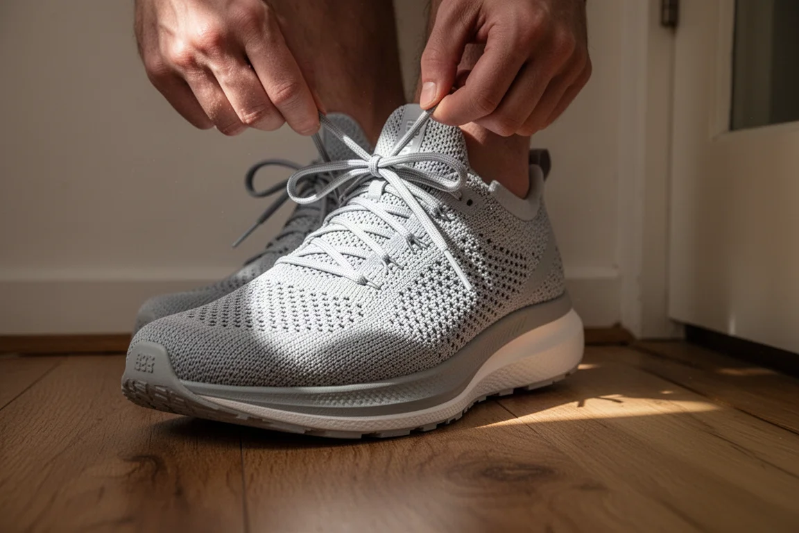 Un runner allaccia una scarpa da running leggera su un pavimento in legno