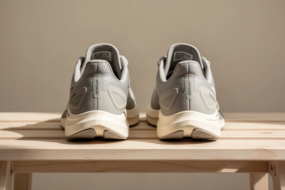 Coppia di scarpe da running con colletto del tallone imbottito su una panca