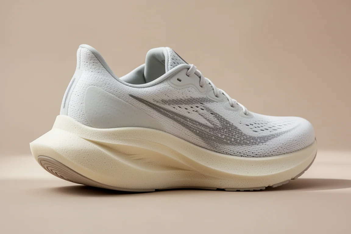 Sola de um tênis de corrida mostrando uma geometria agressiva de midsole com rocker