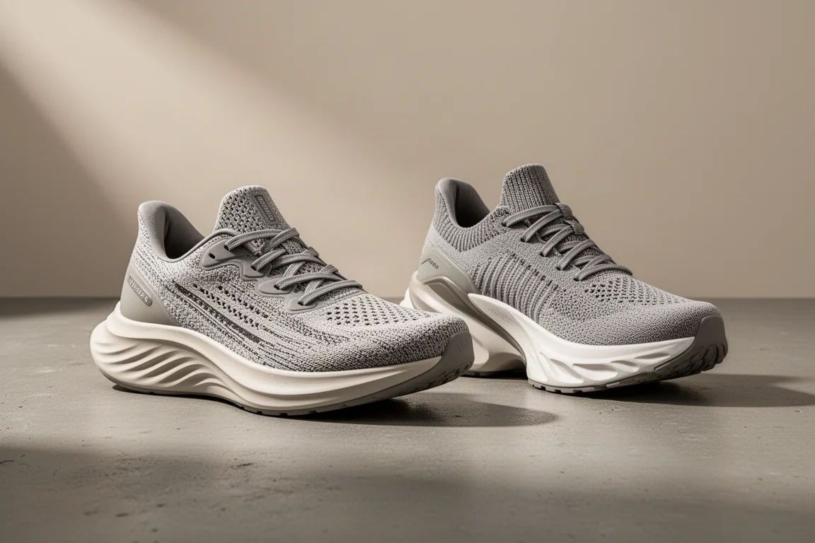 Adidas Adizero Evo SL Woven och ASICS Mega Blast löparskor sida vid sida på betong