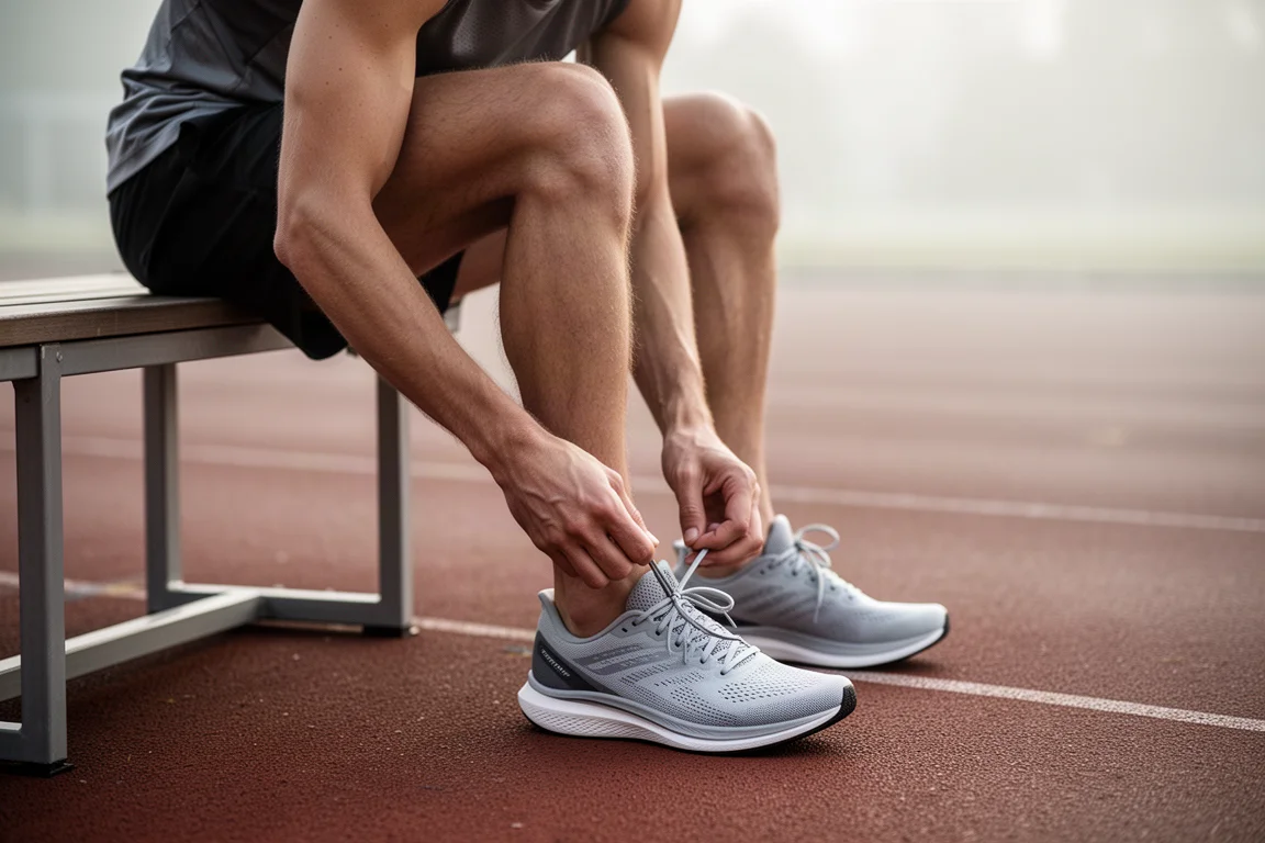 Corredor amarrando um tênis de corrida leve em um banco ao lado da pista