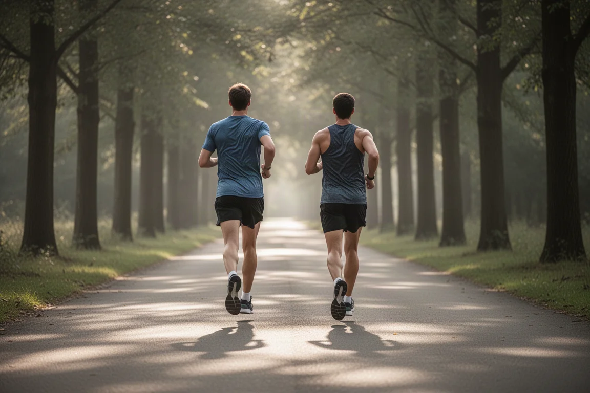 Corredores em um treino longo e leve em um caminho arborizado com luz suave